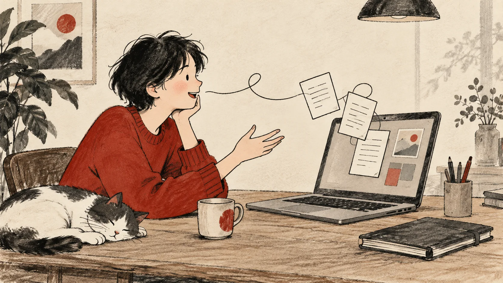 Someone talking to a laptop as their thoughts turn into an article