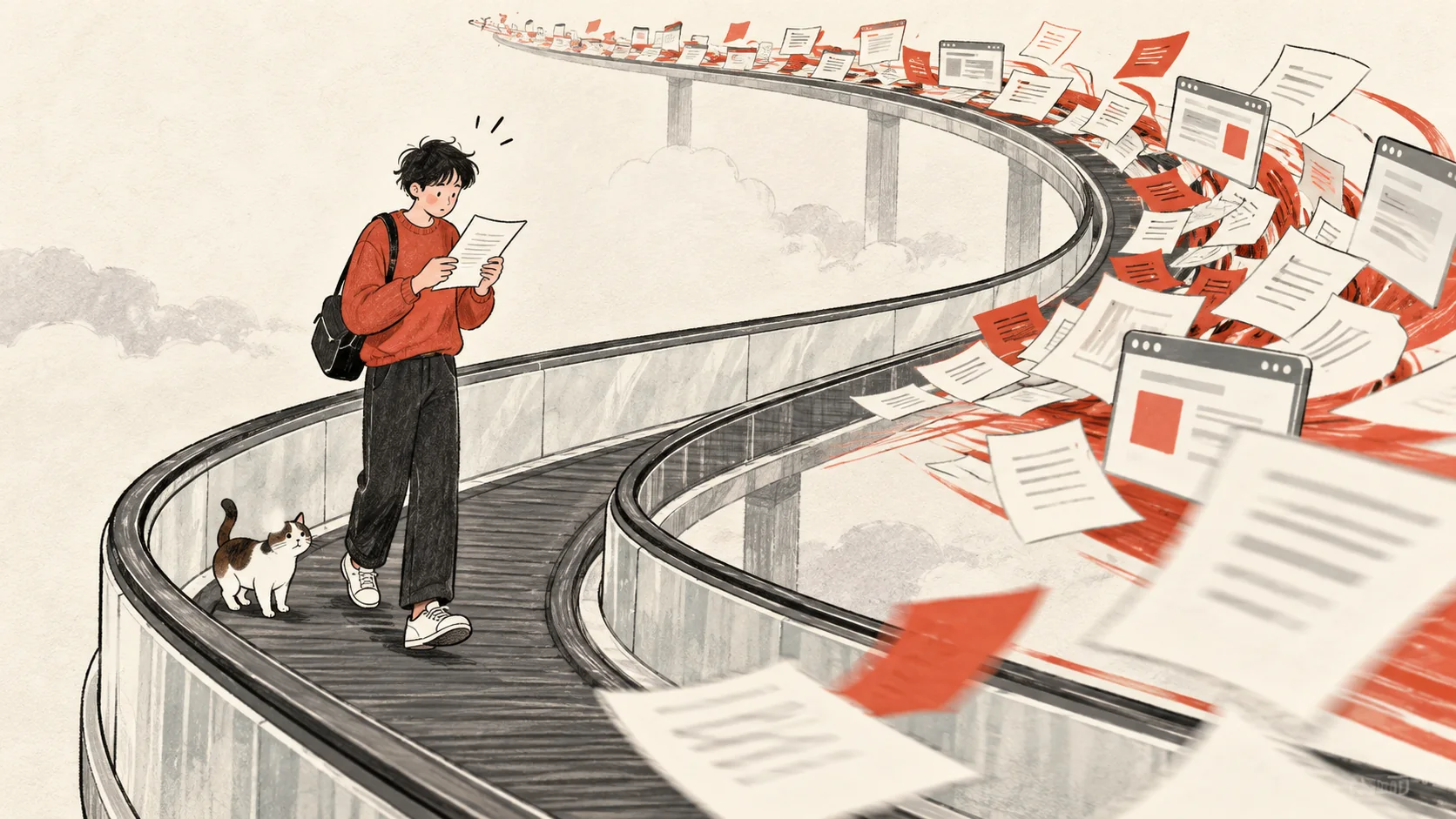A reader on a moving walkway, surrounded by an accelerating stream of papers and tools