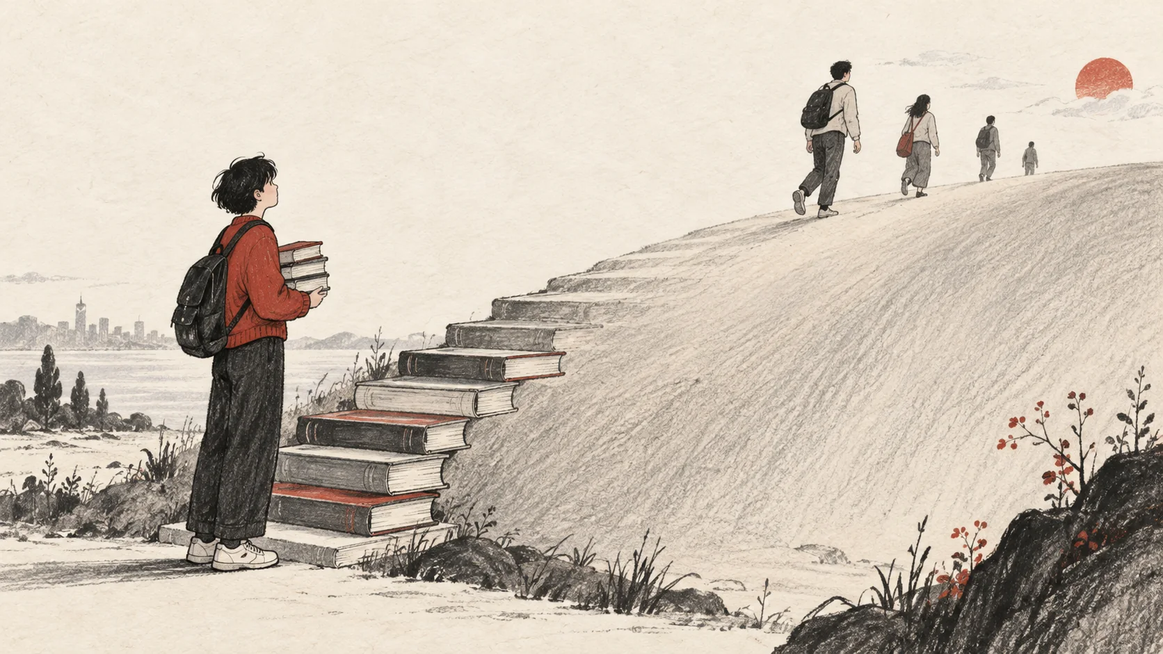 A person holding books watches a staircase made of books gradually turn into a smooth path
