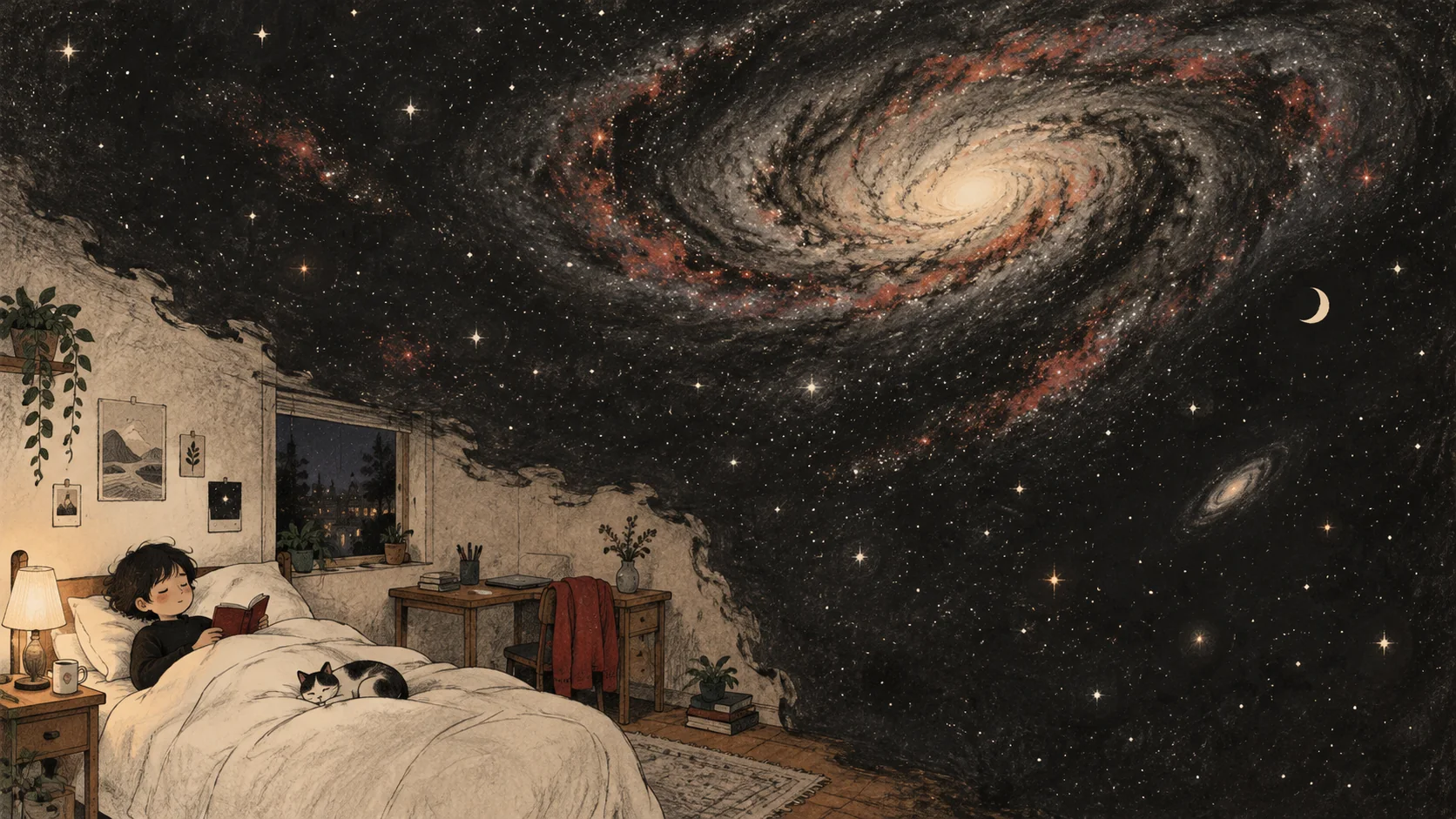 A small bedroom opens into a vast starry universe while someone reads in bed, their laptop closed