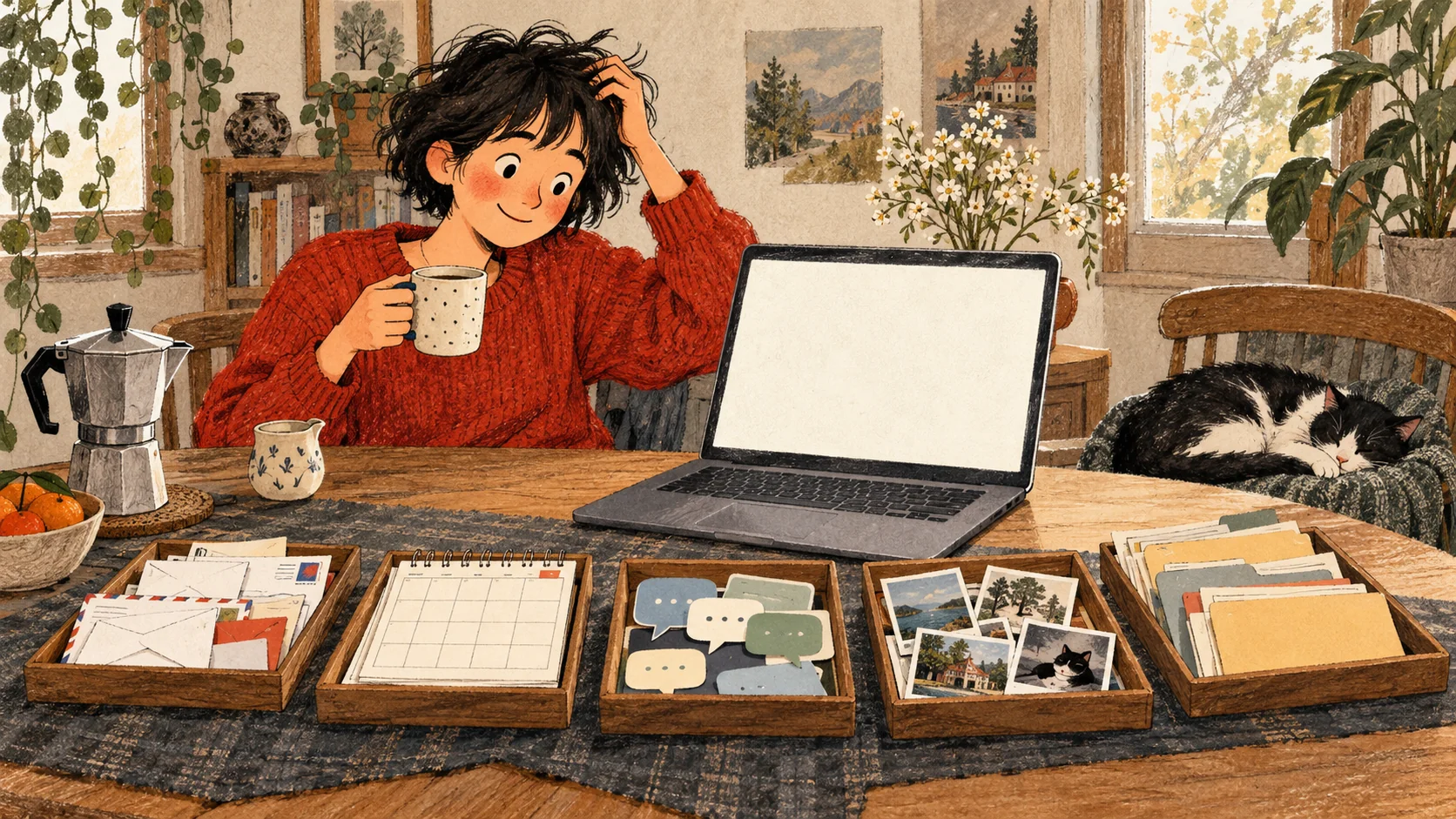 A person with a coffee faces a blank laptop while mail, calendars and photos sit in separate trays
