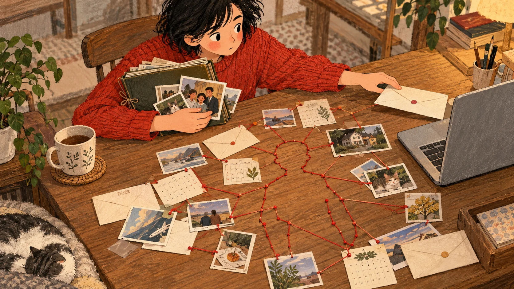 A hesitant person offers an envelope to a laptop as red threads connect scattered personal records into a human outline