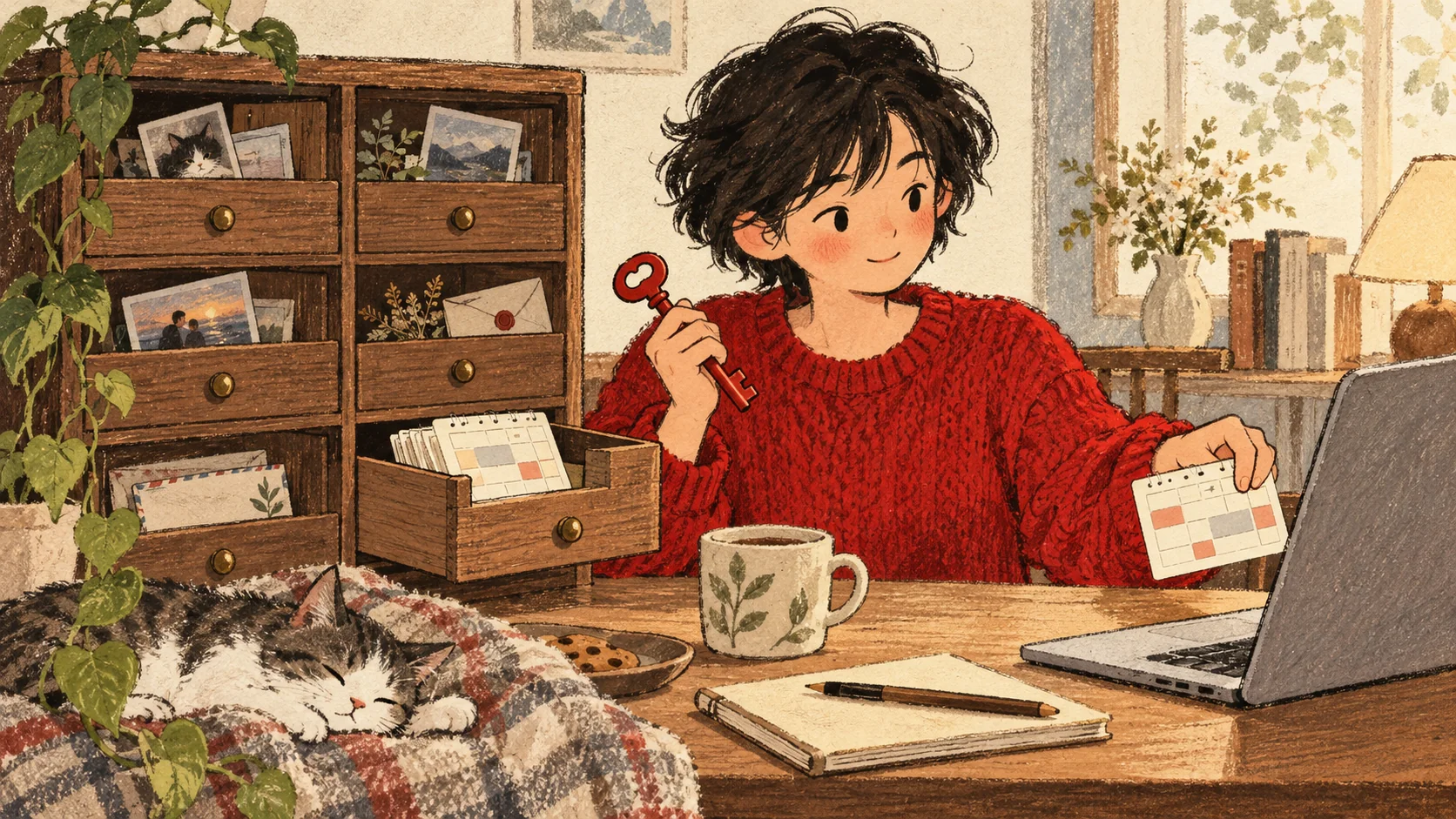 Only the calendar drawer of a personal cabinet is open, while its owner keeps hold of the key