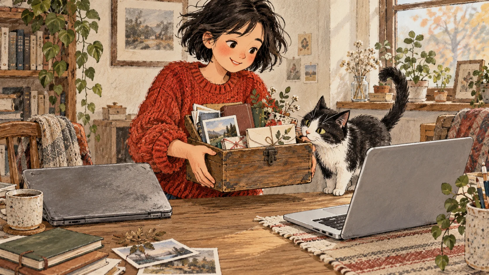 A person carries a box of photographs and notebooks from an old laptop to a new one, watched by a curious cat