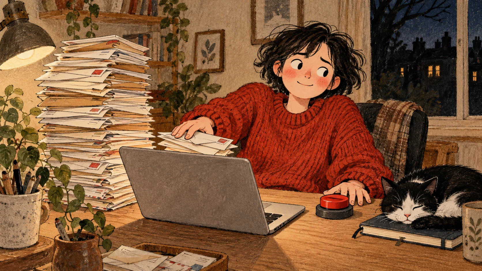 Late at night, a person slides mail toward a laptop while keeping a hand beside a stop button; the cat is already asleep